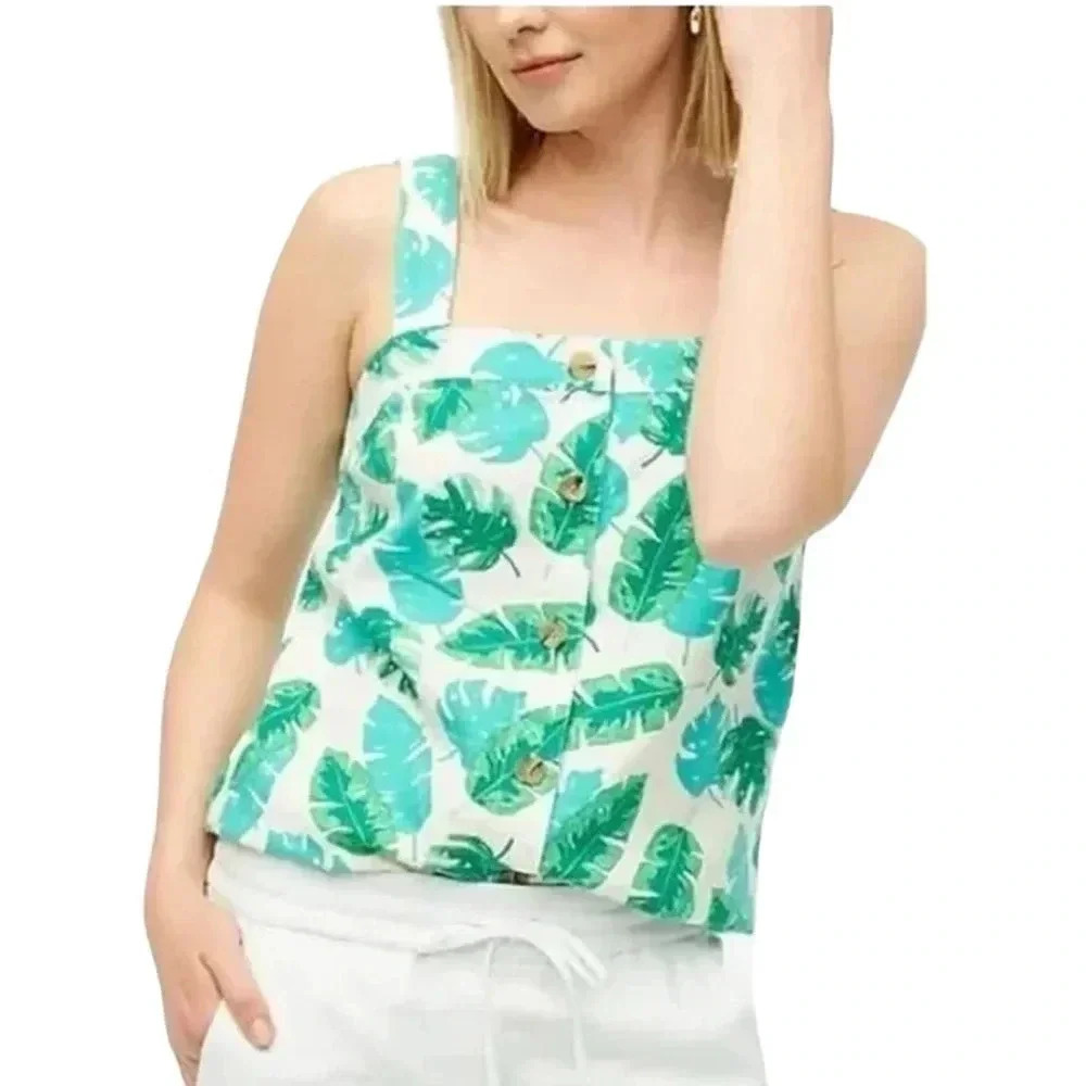 J. CREW | Linen-blend button-front tank top in palm print Size XS